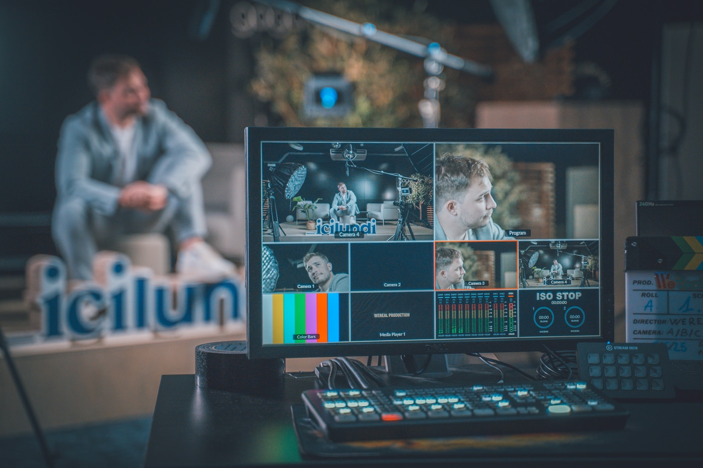 Broadcast production monitor showing multiple camera feeds